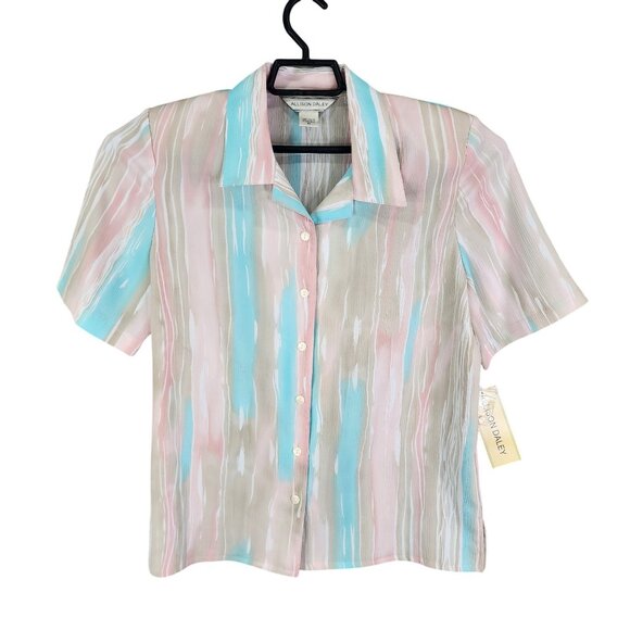 Womens Allison Daley Blouse Short Sleeve Button Up Multicolor Striped Pattern 10 - Picture 1 of 10